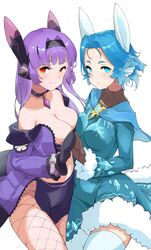  2girls animal_ear_headwear animal_ears black_choker black_hairband black_mittens blue_capelet blue_eyes blue_hair blue_robe breast_press breasts brown_gloves capelet challenger_dominiel choker cleavage closed_mouth dominiel_nixied epic_seven fake_animal_ears fishnet_pantyhose fishnets fur-trimmed_robe fur_trim gloves hairband highres jacket light_blush long_hair long_sleeves looking_at_viewer medium_breasts mittens multiple_girls off_shoulder open_clothes open_jacket orange_eyes pantyhose purple_hair purple_jacket purple_skirt rabbit_ears robe scarled_epic7 short_hair simple_background skirt smile thighhighs white_background white_thighhighs 