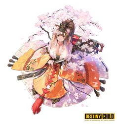  absurdres animal_ear_fluff animal_ears breasts brown_eyes brown_hair cherry_blossoms chinese_clothes cleavage closed_mouth copyright_name destiny_child dress female flower folded_fan folding_fan full_body hair_flower hair_ornament hand_fan highres holding holding_fan jewelry korean_commentary logo long_dress long_sleeves looking_at_viewer ponytail rani_(destiny_child) ring simple_background smile solo tassel white_background wide_sleeves wonchun 