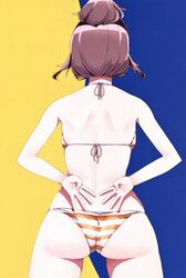  absurdres arms_behind_back ass bare_arms bare_shoulders bikini brown_hair female fingernails from_behind fukami_natsuki_(harukana_receive) halterneck harukana_receive highres legs_apart long_hair nyoijizai official_art scan shiny_skin simple_background solo string_bikini striped swimsuit thighs tied_hair 