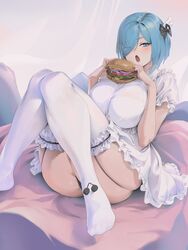  ass black_bow blue_eyes blue_hair blush bob_cut bow breasts burger commentary copyright_request eyes_visible_through_hair female food hairbow highres holding holding_food huge_ass inverted_bob knees_together_feet_apart large_breasts looking_at_viewer no_shoes one_eye_covered open_mouth puffy_short_sleeves puffy_sleeves shirt short_hair short_sleeves sitting solo symbol-only_commentary thighhighs white_shirt white_thighhighs wonchun 