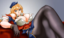  anchor_symbol beret blonde_pubic_hair blue_eyes braid braided_ponytail breasts cleavage des_moines_(warship_girls_r) detached_sleeves female gloves hair_between_eyes hat highres huge_breasts lying on_back pantyhose smile solo tasoku_hokou_heiki warship_girls_r 