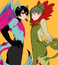  2boys black_gloves black_hair black_pants black_sclera blush bodysuit claws clenched_teeth colored_sclera e.g.o_(project_moon) flower folded_ponytail gloves green_bodysuit green_gloves green_hair highres horns library_of_ruina looking_at_viewer male_focus monster_boy mu46016419 multiple_boys netzach_(project_moon) pants pink_eyes porccubus project_moon queen_of_hatred red_flower roland_(project_moon) simple_background sweat tail teeth topless_male white_sleeves wings yellow_background yellow_eyes 