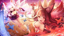  2girls absurdres akagi_(azur_lane) animal_ears azur_lane black_hair blue_eyes breasts brown_hair brown_tail cleavage dolce_(dolsuke) fox_ears fox_girl fox_tail gloves highres japanese_clothes kaga_(azur_lane) kimono kitsune large_breasts long_hair looking_at_viewer multiple_girls multiple_tails open_mouth red_eyes short_hair skirt smile tail white_hair 