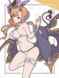  asymmetrical_bangs bare_shoulders bikini blush border braid breasts bridal_garter brown_eyes choker cleavage commentary dotted_line female flower french_braid granblue_fantasy grid_background hair_flower hair_ornament hairband head_wings highres large_breasts ll_0109 long_hair looking_at_viewer navel official_alternate_costume orange_hair outside_border shawl sidelocks smile solo starfish swimsuit symbol-only_commentary thighs tweyen_(eternal&#039;s_summer_vacation)_(granblue_fantasy) tweyen_(granblue_fantasy) white_bikini wings wristband 