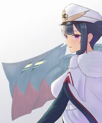  azur_lane black_hair breasts cape female fur_trim hat highres long_hair medium_breasts nebulius peaked_cap peter_strasser_(azur_lane) purple_eyes simple_background solo twintails upper_body white_cape white_hat 