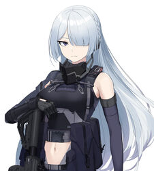  ak-15 ak-15_(girls&#039;_frontline) assault_rifle black_gloves braid breasts clothing_cutout crop_top dlarudgml21 elbow_gloves female french_braid girls&#039;_frontline gloves grey_hair gun hair_over_one_eye highres kalashnikov_rifle long_hair mask mask_around_neck medium_breasts mouth_mask navel purple_eyes rifle solo stomach_cutout tactical_clothes upper_body weapon 