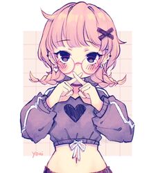  anny_(yoai) artist_name black_shorts black_sweater blunt_bangs braid brown_hair commentary crop_top cropped_sweater drawstring ear_piercing female fingers_to_mouth glasses hair_ornament hatching_(texture) heart heart_print highres instagram_username linear_hatching long_sleeves marker_(medium) midriff navel original pen_(medium) photo_(medium) piercing pink-framed_eyewear puffy_long_sleeves puffy_sleeves round_eyewear shorts solo sweater traditional_media twin_braids upper_body watermark x_fingers x_hair_ornament 