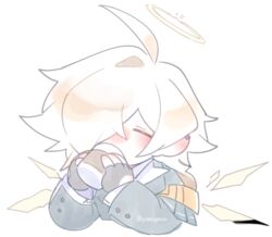  1boy arknights bishounen chibi closed_eyes coat coffee cup disposable_coffee_cup disposable_cup drinking enforcer_(arknights) fingerless_gloves gloves hair_over_eyes hair_over_one_eye halo male_focus paegeon solo white_hair wings 