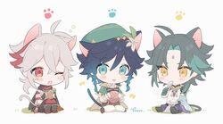  ahoge animal_ears bead_necklace beads black_hair blue_hair blush blush_stickers cape cat_boy cat_ears cat_tail chibi crossed_bangs flower food genshin_impact gradient_hair green_eyes green_hair hair_between_eyes highres holding holding_food japanese_clothes jewelry kaedehara_kazuha long_sleeves male_focus multicolored_hair necklace oerba_yun_fang one_eye_closed parted_lips paw_print ponytail protected_link red_eyes simple_background sitting spoon streaked_hair tail taiyaki tamamura_(tmmr5) venti_(genshin_impact) wagashi white_flower xiao_(genshin_impact) yarn yarn_ball yellow_eyes 