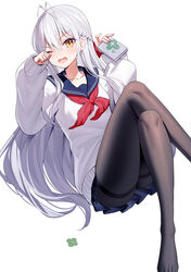  antenna_hair ass black_pantyhose blue_sailor_collar blue_skirt book braid breasts collarbone commentary crossed_legs feet_out_of_frame female grey_hair hair_between_eyes hands_up heart heart-shaped_pupils highres holding holding_book knees_up long_hair long_sleeves looking_at_viewer medium_breasts neckerchief no_shoes one_eye_closed open_mouth original pantyhose pleated_skirt puffy_long_sleeves puffy_sleeves red_neckerchief ririko_(zhuoyandesailaer) saegusa_riko sailor_collar school_uniform serafuku shirt simple_background skirt sleeves_past_wrists solo symbol-shaped_pupils thighband_pantyhose very_long_hair white_background white_shirt yellow_eyes 