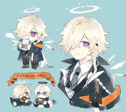  2boys ? arknights bishounen blue_eyes book chibi coffee commentary cup disposable_coffee_cup disposable_cup doughnut enforcer_(arknights) english_text executor_(arknights) explosive food hair_over_eyes hair_over_one_eye halo male_focus mechanical_halo mine_(weapon) multiple_boys necktie purple_eyes shirt simple_background soppos white_hair white_shirt wings 