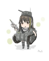  assault_rifle brown_eyes brown_hair chibi cosplay female full_body girls&#039;_frontline gun headset highres holding holding_weapon long_hair m4_carbine m4_sherman m4a1_(girls&#039;_frontline) mask military military_vehicle motor_vehicle multicolored_hair name_connection open_mouth rifle scarf signature skull_mask solo streaked_hair sutekina_awa tank thighhighs turret weapon white_background 