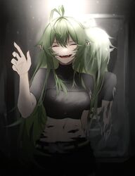  antenna_hair arknights arm_up black_shirt closed_eyes commentary_request fangs female gavial_(arknights) green_hair highres long_hair material_growth open_mouth oripathy_lesion_(arknights) ozeu0916 pointy_ears reflection shirt smile teeth 