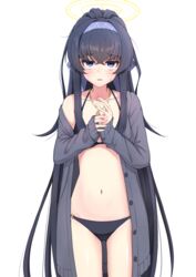  ass_visible_through_thighs bags_under_eyes bikini black_bikini black_hair blue_archive blue_eyes blue_hairband blush breasts commentary_request female grey_jacket groin hair_between_eyes hairband halo jacket long_sleeves looking_at_viewer navel nayuhi_(yukimuu14) off_shoulder official_alternate_costume open_clothes open_jacket own_hands_together parted_lips ponytail revision sidelocks simple_background sleeves_past_wrists small_breasts solo standing stomach swimsuit ui_(blue_archive) ui_(swimsuit)_(blue_archive) white_background 