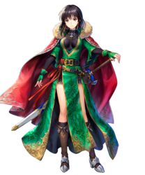  asatani_tomoyo belt belt_pouch black_hair black_legwear boots breasts brown_eyes cape dress earrings female fingerless_gloves fingernails fire_emblem fire_emblem:_thracia_776 fire_emblem_heroes full_body fur_trim gloves gold_trim green_dress green_gloves hair_ornament high_heels highres jewelry knee_boots looking_at_viewer mareeta_(astra_awakened)_(fire_emblem) mareeta_(fire_emblem) medium_breasts medium_hair necklace non-web_source official_art pelvic_curtain pouch red_cape short_sleeves skin_tight smile solo standing sword tied_hair transparent_background weapon wide_sleeves 