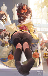  ass bare_shoulders black_panties black_pantyhose black_thighhighs brown_eyes brown_hair brown_pantyhose character_doll chiori_(genshin_impact) commentary_request dated feet female genshin_impact haori highres indoors japanese_clothes kimono legs long_hair lying mannequin miaogujun no_shoes off_shoulder on_stomach panties panties_under_pantyhose pantyhose ponytail profile seamed_legwear short_kimono short_sleeves skirt soles tamoto_(genshin_impact) thighhighs thighhighs_over_pantyhose thighhighs_under_pantyhose thighs toes underwear yellow_skirt 