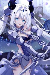  +_+ armor blue_eyes blue_wings breasts cleavage colored_eyelashes cosplay cross-shaped_pupils dragon_girl dragon_horns dragon_wings dual_wielding female gauntlets highres holding holding_sword holding_weapon horns lady_labrynth_of_the_silver_castle lady_labrynth_of_the_silver_castle_(cosplay) large_breasts long_hair looking_at_viewer lovely_labrynth_of_the_silver_castle nova_aokami oerba_yun_fang parted_lips pointy_ears second-party_source smile solo sword symbol-shaped_pupils twintails uni_(maru231) virtual_youtuber vreverie weapon wings yu-gi-oh! 