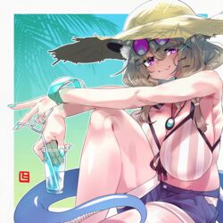  absurdres animal_ear_fluff animal_ears aqua_nails arknights armpits bikini blue_tail breasts brown_hair cleavage cup eyewear_on_head female gradient_background hat highres holding holding_cup jewelry large_breasts looking_at_viewer necklace oerba_yun_fang purple-tinted_eyewear purple_eyes shima_(wideshi_ma) skin_fang slit_pupils smile solo striped_bikini striped_clothes sun_hat swimsuit tail tinted_eyewear utage_(arknights) utage_(summer_flowers)_(arknights) v 