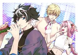  3boys alternate_costume astolfo_(fate) black_hair blonde_hair blue_eyes charlemagne_(fate) closed_mouth crumbs detached_collar eating fate/grand_order fate_(series) feeding food food_on_face long_hair long_sleeves looking_at_another looking_at_viewer male_focus multicolored_hair multiple_boys necktie open_mouth pink_eyes pink_hair pink_necktie roland_(fate) sandwich short_hair sleeveless smile wand3754 white_hair 