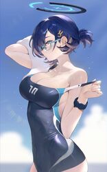  absurdres alternate_costume alternate_hairstyle aqua_eyes bare_shoulders blue-framed_eyewear blue_archive blue_hair blue_one-piece_swimsuit blue_sky breasts chihiro_(blue_archive) cleavage closed_mouth cloud cloudy_sky covered_navel female from_side glasses hair_ornament halo hashtag-only_commentary highres ktr_(tpun2553) large_breasts looking_ahead one-piece_swimsuit ponytail rabbit_hair_ornament semi-rimless_eyewear short_hair sky solo strap_pull swimsuit under-rim_eyewear watch wet wet_clothes wet_swimsuit white_towel wristwatch 