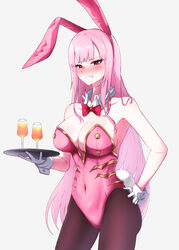  absurdres adapted_costume animal_ears armpits ass bare_shoulders blush bow bowtie breasts center_opening clenched_teeth contrapposto covered_navel cowboy_shot cup detached_collar drinking_glass embarrassed fake_animal_ears female hairband hand_on_own_hip highleg highleg_leotard highres holding holding_tray hololive hololive_english kaiju_ryoku large_breasts leotard long_hair looking_at_viewer mori_calliope nose_blush pink_hairband pink_leotard playboy_bunny rabbit_ears rabbit_tail red_bow red_bowtie simple_background solo strapless strapless_leotard tail teeth traditional_bowtie tray very_long_hair virtual_youtuber white_background wrist_cuffs 