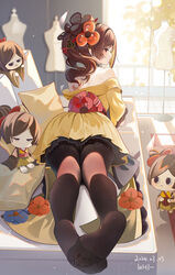  ass bare_shoulders black_pantyhose black_thighhighs brown_eyes brown_hair brown_pantyhose character_doll chiori_(genshin_impact) commentary_request dated feet female foot_focus foreshortening genshin_impact haori highres indoors japanese_clothes kimono legs long_hair lying mannequin miaogujun no_shoes off_shoulder on_stomach pantyhose ponytail profile short_kimono short_sleeves skirt soles tamoto_(genshin_impact) thighhighs thighhighs_over_pantyhose thighs toes yellow_skirt 