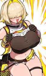  :3 bag bare_shoulders belt black_gloves blonde_hair blush breasts detached_sleeves elegg_(nikke) english_commentary female gloves goddess_of_victory:_nikke hair_flaps hair_intakes hair_over_eyes huge_breasts kingbawoon micro_shorts oerba_yun_fang open_mouth short_hair shorts simple_background solo stomach sweat thigh_strap white_shorts 