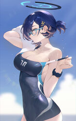  absurdres alternate_costume alternate_hairstyle aqua_eyes bare_shoulders blue-framed_eyewear blue_archive blue_hair blue_one-piece_swimsuit blue_sky breasts chihiro_(blue_archive) cleavage closed_mouth cloud cloudy_sky covered_navel female from_side glasses hair_ornament halo highres ktr_(tpun2553) large_breasts looking_ahead one-piece_swimsuit ponytail rabbit_hair_ornament semi-rimless_eyewear short_hair sky solo strap_pull swimsuit under-rim_eyewear watch wet wet_clothes wet_swimsuit white_towel wristwatch 