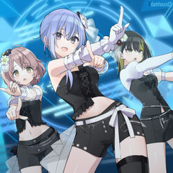  3girls :d :o asymmetrical_sleeves black_hair black_shirt black_shorts blonde_hair blue_hair blush brown_hair cometik_(idolmaster) commentary_request dancing dark_hound_3 flower hair_flower hair_ornament highres idol_clothes idolmaster idolmaster_shiny_colors ikaruga_luca ikuta_haruki looking_ahead looking_at_viewer magic_hour_offering_(idolmaster) multicolored_hair multiple_girls shirt shorts smile streaked_hair suzuki_hana 