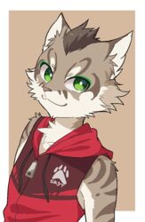  2018 anthro clothing deity felid feline green_eyes happy kuzugitsune leopard_cat looking_at_viewer male mammal nekojishi prionailurus red_clothing red_topwear shu-chi solo studio_klondike topwear 