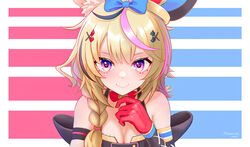  ahoge animal_ear_fluff animal_ears arm_strap bare_shoulders black_gloves black_hair blonde_hair blue_background blue_bow bow bowtie braid breasts cleavage closed_mouth commentary cross-laced_clothes cross-laced_gloves dated dreamoon-q elbow_gloves facial_mark female fox_ears fox_girl gloves hair_between_eyes hair_ornament hair_over_shoulder hairbow hairclip halter_shirt halterneck hand_up hat heart heart-shaped_pupils highres hololive jester_cap long_hair looking_at_viewer medium_breasts multicolored_background multicolored_clothes multicolored_gloves multicolored_hair omaru_polka omaru_polka_(1st_costume) pink_hair purple_eyes red_background red_bow red_bowtie red_gloves shirt side_braid signature simple_background single_braid single_elbow_glove single_glove sleeveless sleeveless_shirt smile solo straight-on streaked_hair symbol-shaped_pupils tilted_headwear traditional_bowtie upper_body virtual_youtuber white_background x_hair_ornament 