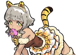  all_fours animal_ear_hairband animal_ears bare_shoulders breasts brown_shirt cat_ear_hairband cat_ears cat_tail dark-skinned_female dark_skin fake_animal_ears feet_out_of_frame female fugota6509 fur-trimmed_skirt fur_collar fur_trim hairband highres kiracchu_(pri_chan) kiratto_pri_chan layered_skirt looking_at_viewer medium_breasts mouse_(animal) mouth_hold pretty_series pripara shirt short_hair sidelocks simple_background skirt solo tail taiyo_pepper thigh_strap white_background yellow_eyes 