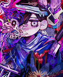  1boy bandaged_head bandages bandaid black_hair blood blue_shirt closed_mouth eyepatch feet flower hair_behind_ear hair_between_eyes highres kitchen_knife knife medical_eyepatch official_alternate_costume official_alternate_eye_color omori parted_lips photo_(object) purple_blood shirt short_hair solo spoilers stab sunny_(omori) tearing_up turtleneck uminosoko44 watermelon_seeds white_eyes yellow_flower 