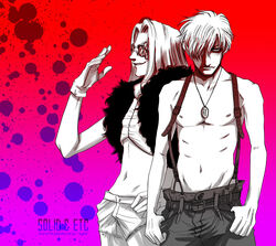  2boys artist_name captain_(hellsing) crop_top doctor_(hellsing) frown fur_trim gloves goggles gradient_background greyscale_with_colored_background hair_over_one_eye hellsing jewelry long_hair male_focus multiple_boys navel necklace pants smile splatter suspenders toshimichi_yukari web_address 