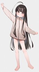  &gt;:( absurdres ahoge arm_up ass_visible_through_thighs bare_legs barefoot black_hair blush borrowed_character brown_eyes brown_jacket closed_mouth feet female full_body grey_background highres jacket light_frown long_hair long_sleeves looking_at_viewer meito_(maze) original outstretched_arms puffy_long_sleeves puffy_sleeves simple_background solo standing tachikawa_nobuo toenails toes ts_loli_oji-san_(ronna) ts_loli_oji-san_no_boukan v-shaped_eyebrows very_long_hair 