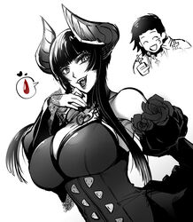  1boy bare_shoulders black_hair black_nails black_sleeves breasts chest_tattoo claudio_serafino cleavage cross detached_sleeves dress eliza_(tekken) female fingernails flower highres horns imoneyno lace large_breasts long_bangs looking_at_viewer makeup monochrome no_nose puffy_sleeves rose sharp_fingernails sharp_teeth simple_background slit_pupils smile spoken_object tattoo teeth tekken tekken_7 upper_body vampire white_background 