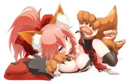  :d animal_ears animal_hands arm_up bare_shoulders bell black_thighhighs bow breasts cleavage collar commentary_request daidaiiro detached_sleeves fangs fate/grand_order fate_(series) feet_up female fox_ears fox_girl fox_tail full_body gloves hair_between_eyes hairbow japanese_clothes jingle_bell kimono long_hair looking_at_viewer lying neck_bell on_side open_mouth paw_gloves paw_shoes ponytail red_bow red_collar red_kimono red_sleeves short_kimono simple_background sleeveless sleeveless_kimono smile solo tail tamamo_(fate) tamamo_cat_(fate) tamamo_cat_(first_ascension)_(fate) thighhighs white_background yellow_eyes 