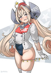  arthur_ko bell bikini bikini_under_clothes black_one-piece_swimsuit blonde_hair coat competition_swimsuit drum_(kancolle) female garrison_cap gloves grey_eyes hair_ornament hat headgear highleg highres kantai_collection long_hair one-piece_swimsuit open_mouth parted_bangs smile solo star_(symbol) star_hair_ornament swimsuit swimsuit_under_clothes thighs very_long_hair white_coat white_gloves 