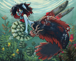  air_bubble ammonite animal arapaima bikini bikini_top_only black_hair blue_skin breasts bubble cleavage colored_skin commentary dusty_(ddusty) english_commentary female fins from_side full_body hair_between_eyes head_fins highres looking_at_viewer looking_to_the_side medium_hair monster_girl multicolored_hair ocean open_mouth original prehistoric_animal red_bikini red_hair sharp_teeth swimsuit teeth two-tone_hair underwater yellow_eyes 