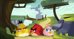  angry_birds avian bird black_tail bridge chuck_(angry_birds) eyebrows female female_feral feral group hi_res male male_feral olubunmi_john pink_body plant red_(angry_birds) red_body rovio_entertainment sega stella_(angry_birds) tail tree trio yellow_body 