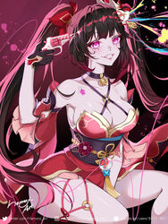  absurdres bare_shoulders bell black_choker black_hair black_sash breasts chest_tattoo choker cleavage commentary criss-cross_halter detached_sleeves english_commentary facial_mark female grin gun halterneck hamonji highres holding holding_gun holding_weapon honkai:_star_rail honkai_(series) jingle_bell large_breasts long_hair looking_at_viewer neck_bell o-ring obi pink_eyes revolver sash short_sleeves sitting smile solo sparkle_(honkai:_star_rail) tattoo thighs twintails very_long_hair weapon 