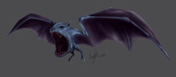  2013 2_toes alternate_form ambiguous_feral ambiguous_gender bat beady_eyes big_mouth_(anatomy) black_eyes blue_body caymartworks claws fangs feet feral flying full-length_portrait gaping_mouth generation_1_pokemon golbat grey_background grey_claws hi_res mammal membrane_(anatomy) membranous_wings nintendo open_mouth pokemon pokemon_(species) portrait purple_wings realistic simple_background solo spread_wings teeth three-quarter_view toes tongue webbed_feet wings 