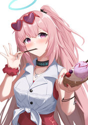  ambriel_(arknights) ambriel_(holiday)_(arknights) arknights bare_shoulders blush breasts collarbone collared_shirt commentary_request dress dress_shirt eyewear_on_head female food hair_between_eyes halo head_tilt heart heart-shaped_eyewear highres holding holding_food ice_cream long_hair looking_at_viewer medium_breasts nagi_(nagisanote) nail_polish pink_hair pocky ponytail purple_eyes red-framed_eyewear red_dress red_nails red_scrunchie scrunchie shirt simple_background solo tied_shirt upper_body very_long_hair white_background white_shirt wrist_scrunchie 