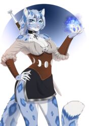  2024 amur anthro armlet blue_body blue_eyes blue_hair blue_spots breasts choker claws cleavage clothed clothing corset detailed digital_media_(artwork) felid feline female fingers front_view fur grey_body grey_fur hair hand_on_hip hi_res inner_ear_fluff jewelry khajiit leopard lingerie long_hair m&#039;ria_(maks_hunt) magic magic_glow magic_user mammal melee_weapon microsoft necklace pantherine raised_hand shirt simple_background smile snow_leopard solo spots sword sword_on_back tail the_elder_scrolls topwear tuft underbust_corset weapon white_background 