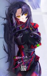  armored_bodysuit black_bodysuit blue_hair bodysuit breasts commentary_request commission covered_navel english_text enshou_(namarien) female fortified_suit grabbing_own_breast headgear highres impossible_bodysuit impossible_clothes large_breasts long_hair looking_at_viewer lying muv-luv muv-luv_alternative on_side original qr_code red_bodysuit shiny_clothes skeb_commission skin_tight skindentation smile solo thank_you two-tone_bodysuit very_long_hair yellow_eyes 