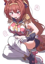  !? animal_ears ascot blush breasts brown_hair commentary_request cosplay daiwa_scarlet_(umamusume) epaulettes female gloves highres horse_ears horse_girl itosu200 open_mouth red_eyes sakura_bakushin_o_(umamusume) sakura_bakushin_o_(umamusume)_(cosplay) sleeveless solo thick_thighs thighhighs thighs umamusume white_background white_gloves white_thighhighs yellow_ascot 