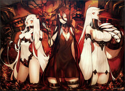  3girls abyssal_ship airfield_princess akira_(kadokawa) arm_behind_back bags_under_eyes bare_shoulders battleship_princess black_dress black_hair black_horns border bracer breasts claws cleavage colored_skin company_name covered_navel covered_nipples detached_sleeves dress dripping gauntlets hair_between_eyes hand_in_own_hair hand_on_own_chest horns kadokawa kantai_collection large_breasts lava leotard long_hair long_sleeves looking_at_viewer machinery mechanical_arms medium_breasts monster motor_oil multiple_girls official_art open_mouth orange_eyes pale_skin ribbed_dress seaport_princess short_dress sideboob single_gauntlet single_horn single_mechanical_arm skin-covered_horns small_breasts smile spikes standing striped_horns thigh_strap turret turtleneck turtleneck_dress turtleneck_leotard very_long_hair wading watermark white_dress white_hair white_leotard white_skin 