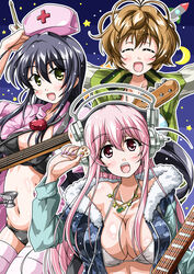  3girls bass_guitar bikini black_hair blush breasts brown_hair cleavage closed_eyes commentary_request drumsticks electric_guitar fujimi_suzu green_eyes guitar hat headphones highres instrument large_breasts long_hair looking_at_viewer multiple_girls navel nitroplus nurse_cap open_mouth photoshop_(medium) pink_eyes pink_hair plectrum setomi_sora short_hair smile super_sonico swimsuit thighhighs watanuki_fuuri 