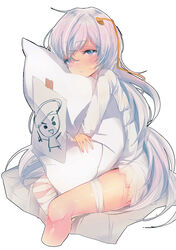  bandaged_leg bandages blue_eyes blush closed_mouth commander_(girls&#039;_frontline) commentary dress female girls&#039;_frontline hair_between_eyes half-closed_eyes hugging_object intravenous_drip long_hair looking_at_viewer peanutc photoshop_(medium) pillow pillow_hug ribeyrolles_(girls&#039;_frontline) sidelocks simple_background sitting solo tearing_up very_long_hair wavy_hair white_background white_hair 