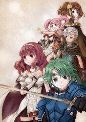  2girls 3boys alm_(fire_emblem) armor boey_(fire_emblem) cape celica_(fire_emblem) commentary_request delthea_(fire_emblem) fire_emblem fire_emblem_echoes:_shadows_of_valentia fire_emblem_gaiden holding holding_sword holding_weapon mae_(fire_emblem) mizuna_tomomi multiple_boys multiple_girls saber_(fire_emblem) smile sword twintails weapon 